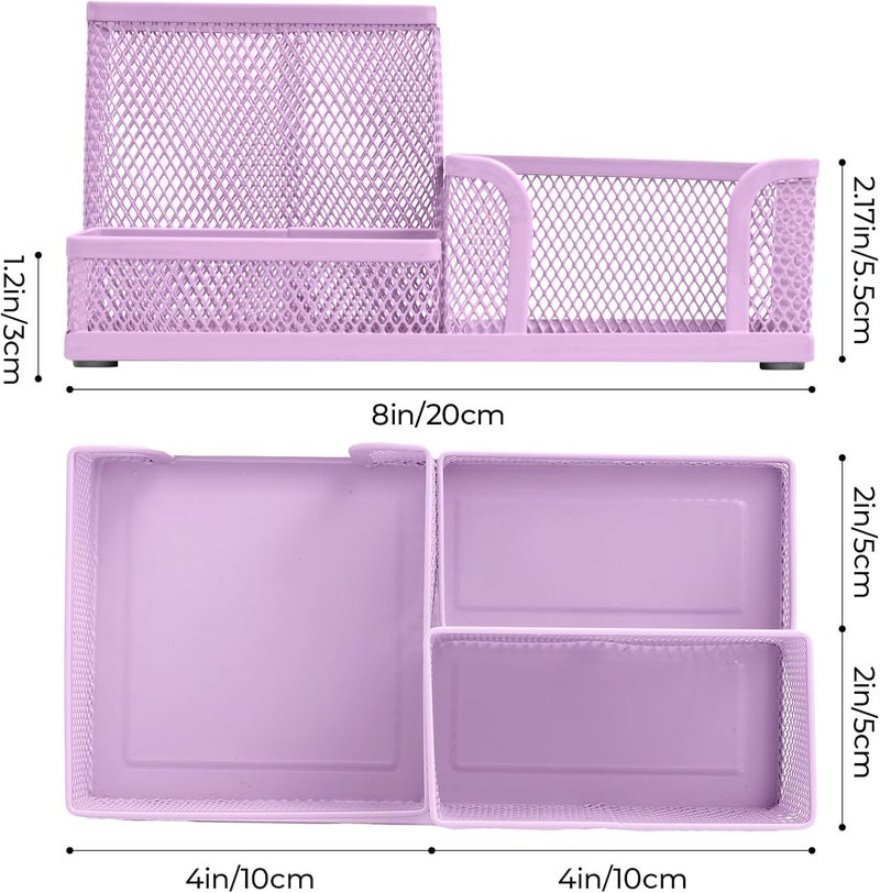 MG Mesh Pen Holder Desk Organizers Pencil Holder for Desk Purple, 3 Compartments Metal Office Supply Organizer with Sticky Notes Holder for Home Office - Image 2
